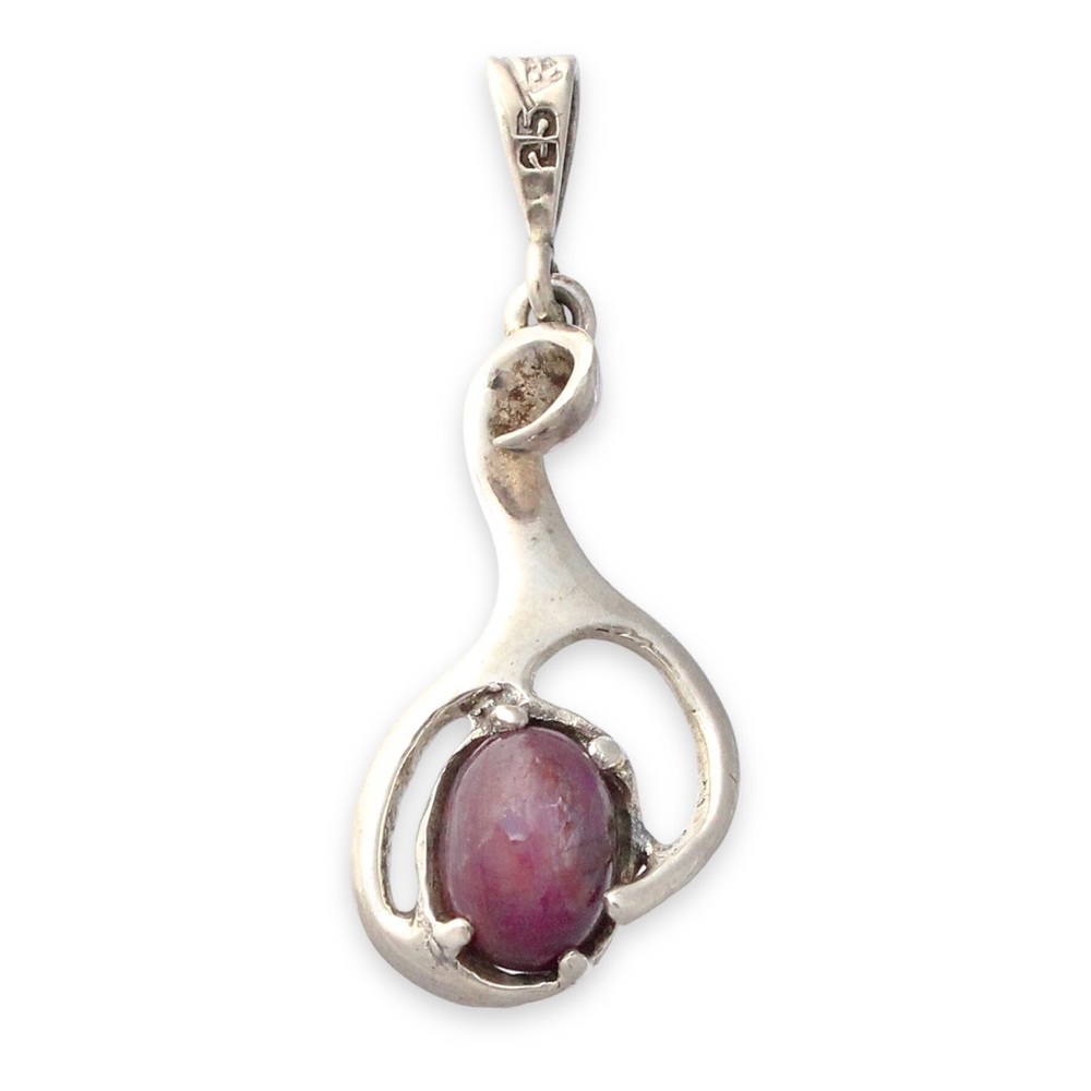 Vintage Genuine Star Ruby Sterling Silver Necklace Pendant Brutalist Modernist